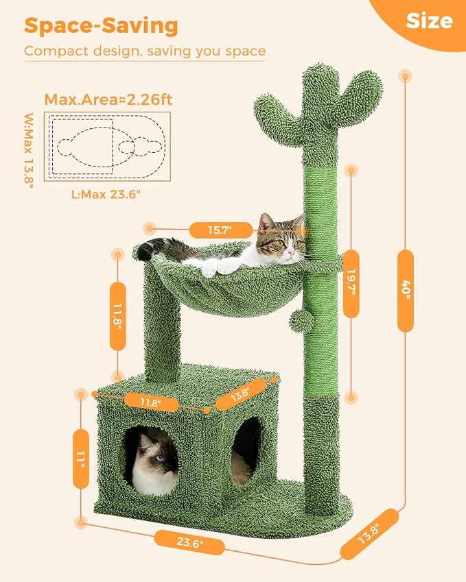 40" Cactus Cat Tree with Hammock, Condo & Sisal Post, Green | Cactus theme, Metal carpet hammock, Cozy indoor condo, Replaceable pompom toy, Sisal wrapped posts, Sturdy base - Image 7
