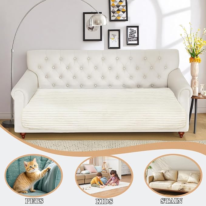 NAISI Couch Covers for Dogs Waterproof Flannel Striped Sofa Cover Pet Friendly Washable Dog Mat for Couch Anti Slip Sectional Sofa Slipcover Protector(1pc/35"x 70",Cream) - Image 2