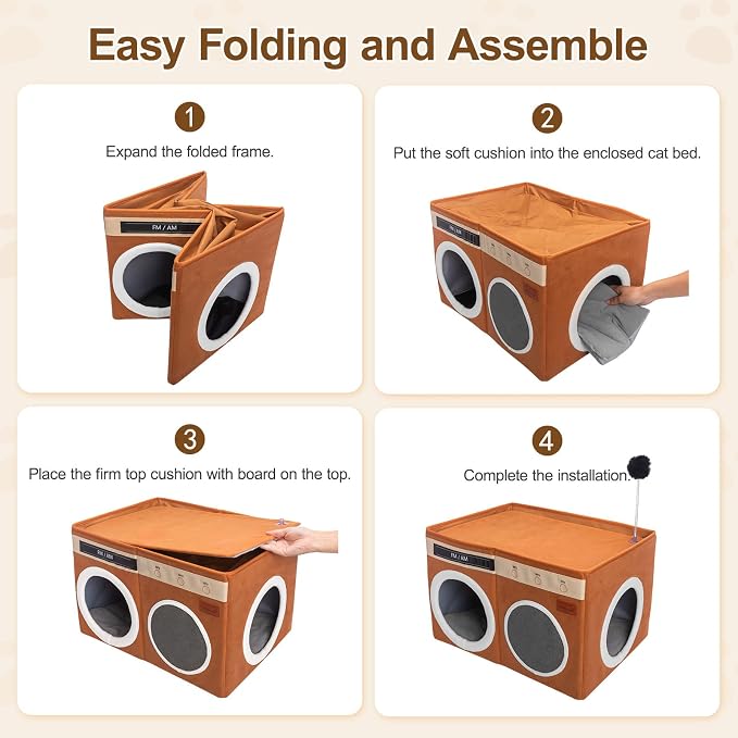 Retro Radio Cat House, Large Foldable Cat Bed Indoor Cat Cave | Spacious Multi-Cat Sleeping Hideaway Pet Nest, Non-Sticky Fur Fabric, Scratch Pad & Bendable Antenna Ball 13×19.7×15.8 Inches - Image 6