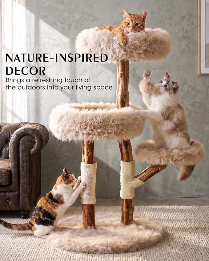 Pear Wood Branch Cat Tree, Cat Tower with Premium Faux Fur Plush | Cat Tree, Solid Pear Wood Real Branch, Deep Plush Cushions, 40 lbs Support, 3 Platforms, Natural Sisal, Modern Cat Tower - Image 5