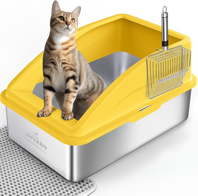 AIPERRO Stainless Steel Litter Box | XL Metal Cat Litter Boxes with Lid | Enclosed High Sided for Big Cats | Anti-Urine Leakage | Non-Stick & Easy to Clean with Litter Mat & Metal Scoop (Yellow) by AIPERRO