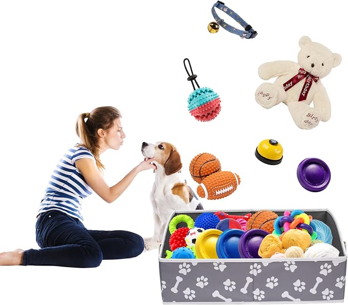 Linen-cotton Blend Dog Toy Organizer Basket - Storage for blankets, leashes, rope toys, clothing - Bone claw pattern - Image 2