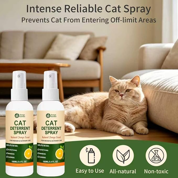 Cat Deterrent Spray for Furniture, Natural Cat Training Spray for Cats to Stop Scratching, Urine Marking & Chewing, Pet Safe for Indoor & Outdoor Use, Orange Scent, 2 Pack (3.4 Fl Oz Each) - Image 2