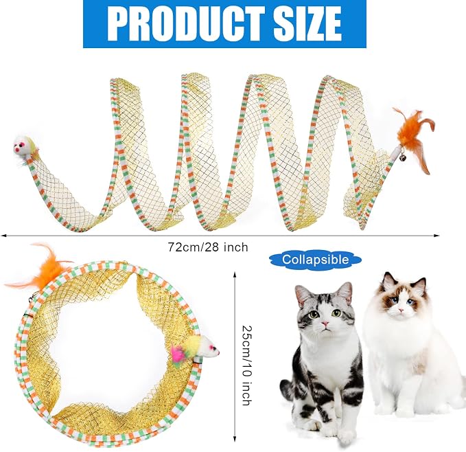 2pcs, Folded Cat Tunnel Spring, 10in Large Size Portable Cat Toy Spiral Tunnel, with Synthetic Feather and Toy Mouse Tunnel Spring Outdoor Puppy Kitten Generic (Striped Yellow, Purple) | with Synthetic Feather and Toy Mouse Tunnel Spring Outdoor Puppy ... - Image 2