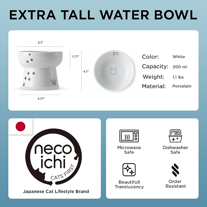NECOICHI Raised Cat Water Bowl, Elevated, with Measurement Lines, Dishwasher and Microwave Safe (Cat, Extra Tall) White - Image 3