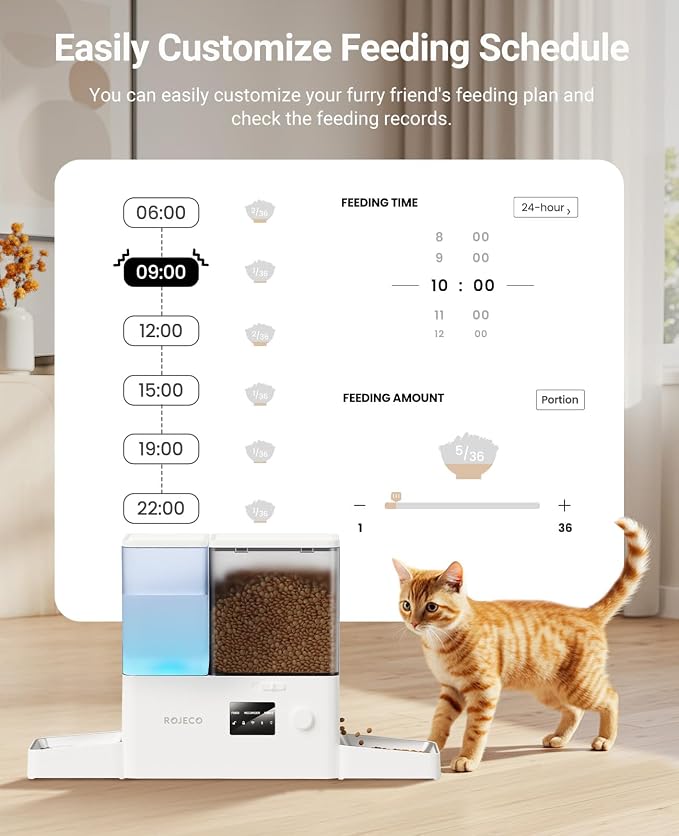 ROJECO 2-in-1 Automatic Cat Feeder & Water Dispenser,WiFi Control Feeding | 2.4G WiFi APP/Timed Feeding/5L Food Feeder,3.5L Water Fountain/Stainless Steel Bowls/Detachable Clean/White - Image 6