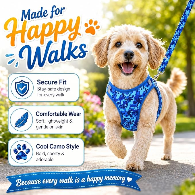 Step in Boy Dog Harness Leash Set- All Weather Reflective No-Pull Padded Mesh Vest Harness for Cats Puppy Extra-Small Small Medium Large Dogs - Blue Camouflage - XXS - Image 3