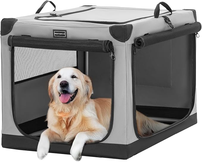 PETSFIT 40" Soft Portable Dog Crate – Patented Spiral Sturdy Frame, Collapsible Travel Kennel for Large Dogs, 3 Mesh Door, Lockable Zippers, Indoor & Car Use Gray by Petsfit