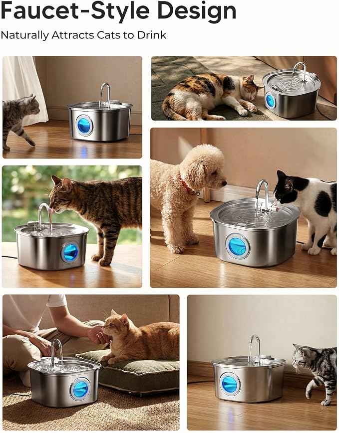PEKTACO Stainless Steel Cat Water Fountain, 3.2L/108oz with 6 Filters | Cat water dispenser, dishwasher safe, with triple filtration, quiet pump, and visible water window for cats and small pets - Image 9