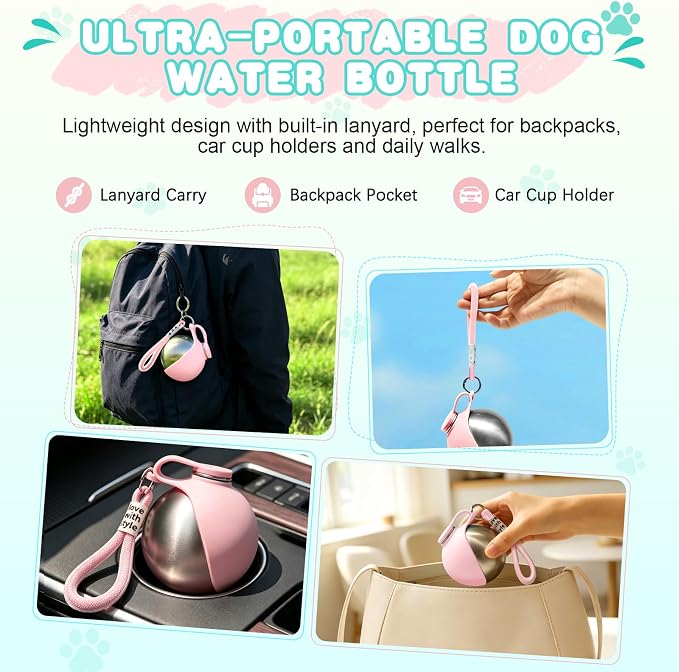 Drain-Back Stainless Steel Portable Dog Water Bottle with Bowl for Walks | 10oz 2-in-1 Leak-proof Pet Water Tumbler, Puppy Water Dispenser Ideal for Small Dogs Travel, Hiking, Park & Beach Trips(Pink) - Image 5