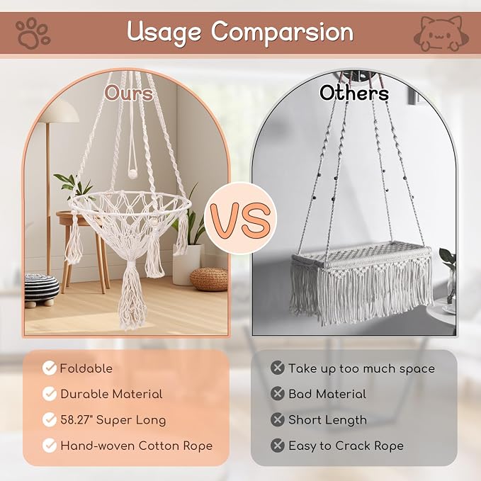 VINGVO Macrame Cat Hammock Bed, 58.27" Handwoven Pet Hanging Swing Bed with Hook for Wall, Foldable Kitten Window Perch for Indoor Outdoor Sports Playing Sleeping Climbing Lounging - Image 3