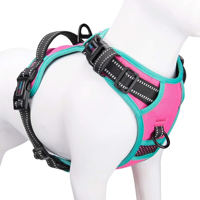 Upgraded No Pull Dog Harness, Reflective Adjustable Vest | with a Training Handle + 2 Metal Leash Hooks+ 3 Snap Buckles +4 Slide Buckles(XS, Pink) by PHOEPET