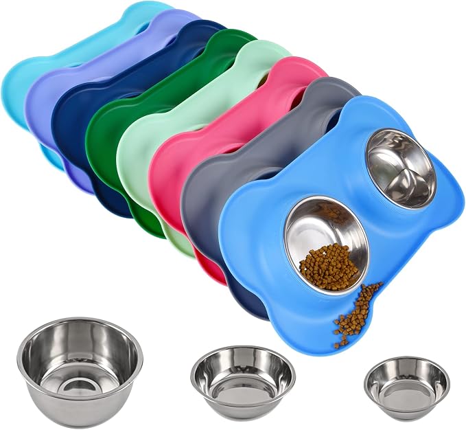 Dog Bowls 2 Stainless Steel Bowl for Pet Water and Food Feeder with Non Spill Skid Resistant Silicone Mat for Pets Puppy Small Medium Cats Dogs by Juqiboom