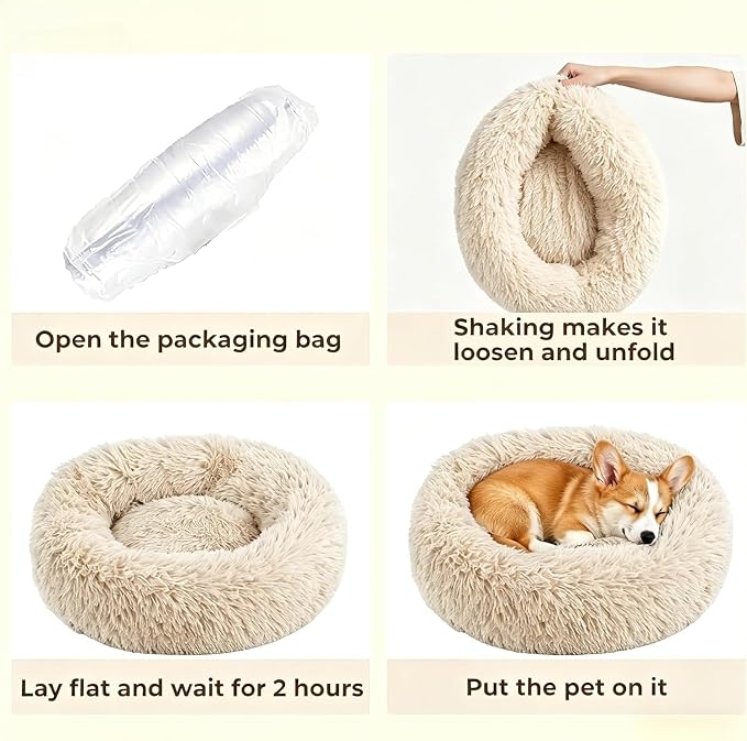 Calming Extra Large Donut Dog Bed, Anti-Anxiety Round Soft Fluffy Plush Faux Fur Washable Anti-Slip Pet Bed for Medium Dogs Up to 45 lbs 32in Light-Brown - Image 7