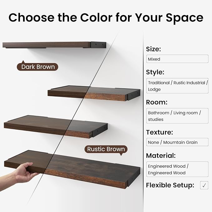 BAYKA Floating Shelves for Wall, Book Shelf for Bedroom, Wall Decor Shelves for Living Room Kitchen, Wood Floating Shelf for Home Decor, Corner Shelf for Bathroom, Office(Dark Brown,Set of 3) - Image 6