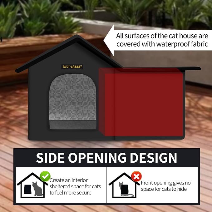 Outdoor Cat House for Feral Cats,Weatherproof & Insulated | Self-warming & waterproof insulated, with mat and canopy, sturdy support, easy assembly, winter shelter for feral cats, black - Image 3
