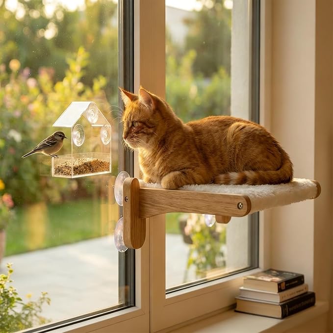 Cat Window Perch with Bird Feeder – Foldable Hammock, Strong Suction Cups for Indoor Cats (Nature-2) by Unknown