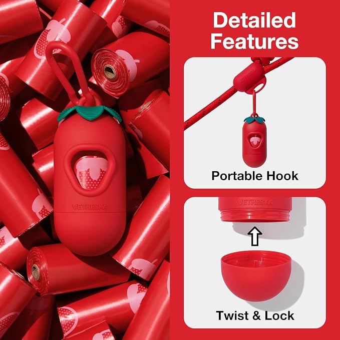 VETRESKA Dog Poop Bag Dispenser with Strawberry Scented Bags, 105 Counts | Leak Proof and Extra Thick Pet Waste Bags, 1 Poop Bag Holder and 7 Rolls for Dog Walking and Cats Litter - Image 3