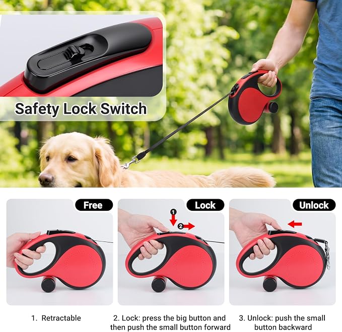 Segarty 26 Ft Walking Lead with Poop Bag Holder for Pet 66 lbs - 110 lbs, 8m Heavy-Duty Retractable Long Leash 360°Tangle-Free with Anti-Slip Handle, One-Handed Brake Pause Lock for Medium Large Dogs - Image 4