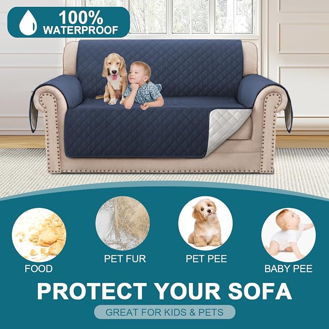 Turquoize 100% Waterproof Couch Cover Sofa Covers for 2 Cushion Couch Loveseat Covers Triple Non-Slip Couch Cover for Dogs Washable Furniture Protector Cover for Pets, Kids (Loveseat 54", Navy) - Image 2