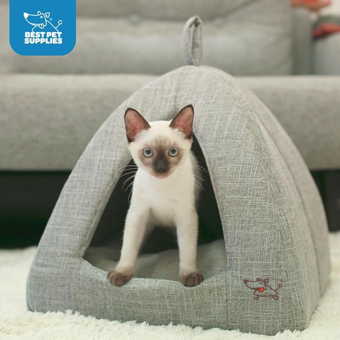 Best Pet Supplies Cat Bed for Indoor Cat, Domed Tent House with Removable Pillow, Covered Cat Cave for Small Dog, Puppies and All Breeds of Cats - Gray Linen, 16 x 16 x H:14" - Image 5