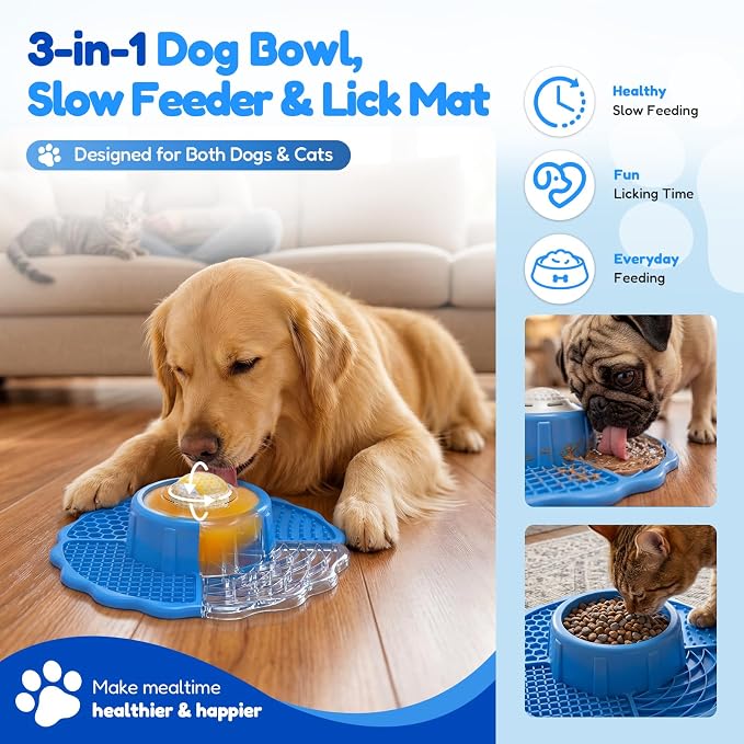 Slow Feeder Dog Bowls with Lick Mat & Rolling Lick Ball, Enrichment Toys | 10oz. 3-in-1 Feeder. Leak-proof, Non-slip. Interactive Play. Slow eating. Liquid, Thick Treats & Kibble, Food-grade Silicone - Image 2
