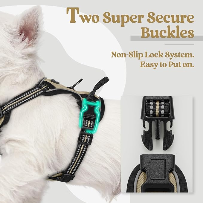 rabbitgoo Dog Harness No Pull with 2 Leash Clips, Adjustable Soft Padded, Reflective Oxford No Choke Pet Vest with Easy Control Handle for Puppy, Beige, XS | No Choke with Handle, Adjustable Soft Padded, Reflective, Easy Control for Walking, Beige, X-S... - Image 3