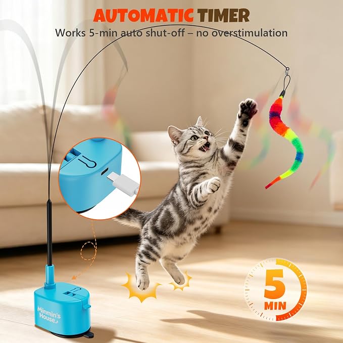Interactive Cat Toys For Indoor Cats, 360° Flying Automatic Cat Toy, Blue | Rechargeable, Strong Suction Base, Self-Play & Handheld, Electric Spin Game Enrichment Toy, Long Kitty Wand for Bored Cats - Image 4