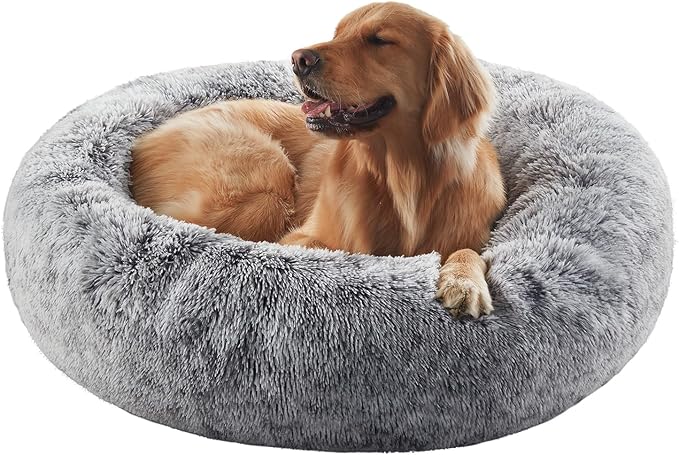 36 inches Faux Fur Fluffy Donut Dog Bed for Large Dogs,Dark Grey | Calming Plush Round Pet Bed with Removable & Washable Cover,Fits up to 80 lbs Pets by BedStillLoveStill