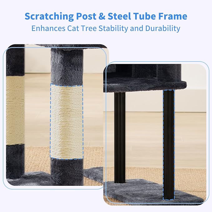 Heybly Cat Tree with Toy, 49.2 inch Cat Tower for Indoor Cats HCT200SG | Spacious Cat House Condo with Hidden Space，Soft Plush Top Perch，Cozy Hammock and Sisal Scratching Posts, Smoky Gray - Image 9
