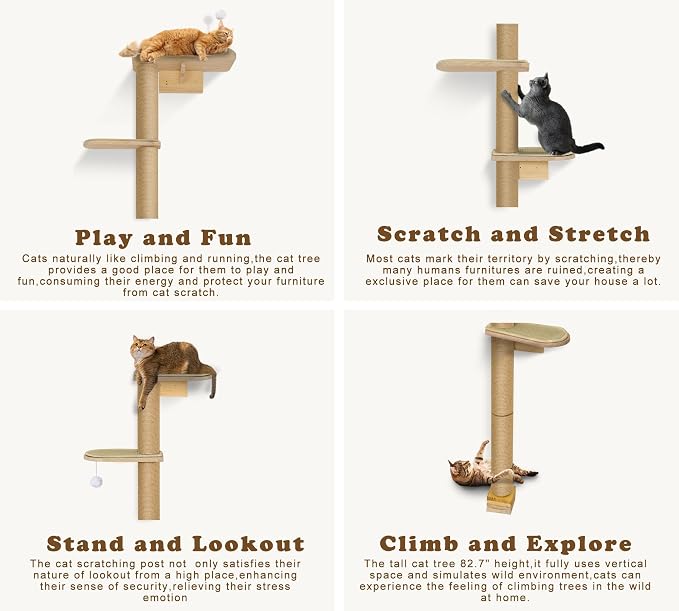 Wild Simulation Cat Tree for Kittens, 5-Level Floor to Ceiling Cat Wall Shelves with Sisal Mat Platforms, Rotating Wall-Mounted Climbing Tower for Scratch, Lookout & Perch - Image 8