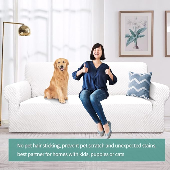 YEMYHOM Couch Cover Latest Jacquard Design High Stretch Sofa Covers for 3 Cushion Couch, Pet Dog Cat Proof Slipcover Non Slip Magic Elastic Furniture Protector (Large, White) - Image 2
