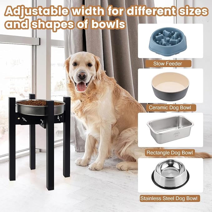 Elevated Dog Bowl Stand Adjustable Dog Food Holder 14”H Large Black | 14” Elevated Dog Bowl Stand, Large Dogs, Adjustable, Fits 8”-11” Bowls, Single Bowl Holder, Natural Bamboo, Classic Black - Image 6