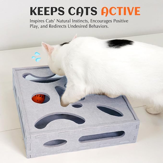 PETKARAY Felt Cat Puzzle Toy, Interactive Cat Toys for Indoor Cats, Interactive Maze for Kitten Felt Puzzle Box with Ball, Grey - Image 5