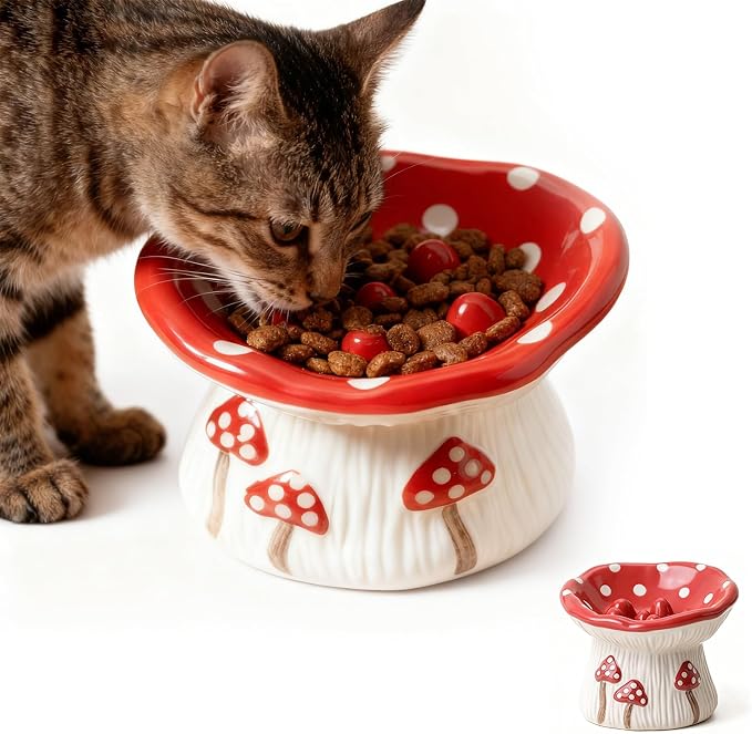 Cat Slow Feeder Bowl, Ceramic Slow Feeder Cat Bowls, Cute Mushroom Elevated Cats Bowl, Anti-Fatigue & Anti-Vomiting by Unknown