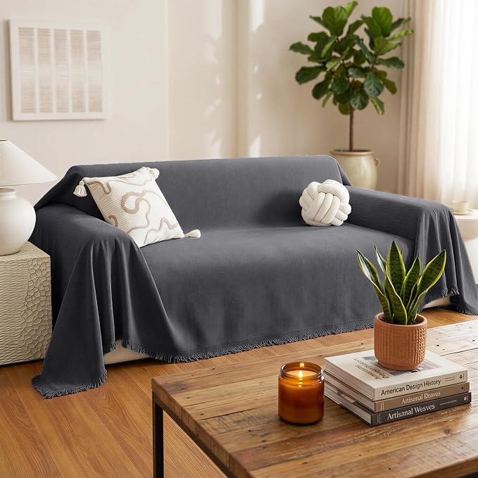 Chenille Couch Cover for Dogs Washable Boho Throw Blanket Washable | 71"×134",Dark Gray, Soft Chenille, Tassel Design, Pet Friendly, Furniture Protector, for Couch, Sofa, Bed, Living Room - Image 2