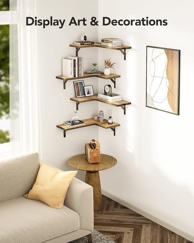 Amada Corner Floating Shelves, Paulownia Wood, Set of 4, Natural Wood | Corner Wall Shelves with Triangular Metal Bracket, 44 lbs Capacity per Shelf, L-Shaped Design for Bathroom, Laundry Room - Image 6