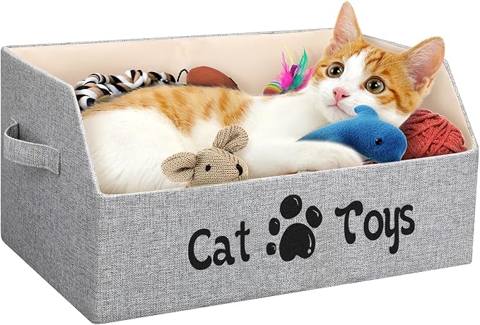 2X Thicker Large Cat Toy Bin Collapsible Cat Toy Box Sturdy Cat Toy Basket Kitten Toy Storage Bed for Organizing Cat Toys Treats Clothes and Accessories (Grey) by LOVSTORAGE