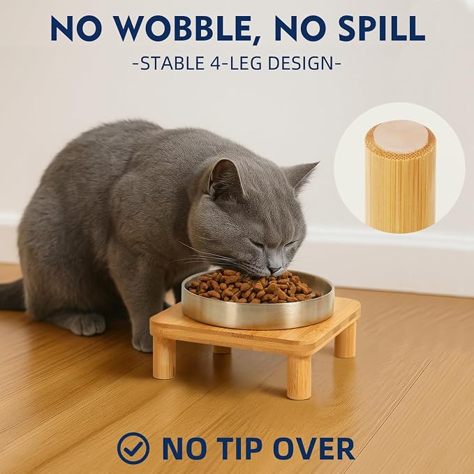 DoogCat Raised Cat Bowl, Elevated Cat Bowls with Bamboo Stand, Set of 2 | Premium Stainless Steel Bowls, Adjustable Height, Whisker-Friendly Design, Elevated Feeding, Easy to Clean - Image 2