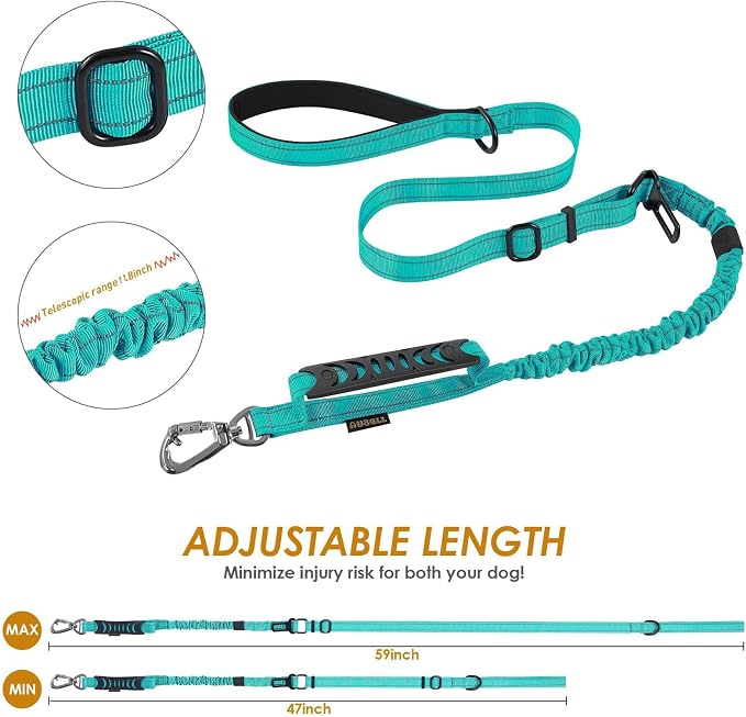AUBELL Tactical Dog Leash Heavy Duty,4-6ft No Pull Bungee Leash,Teal | Reflective Dog Leash for Medium Large Dogs with Comfortable Padded Double Handle,Car Seat Belt,360 Degree Rotating Carabiner - Image 6