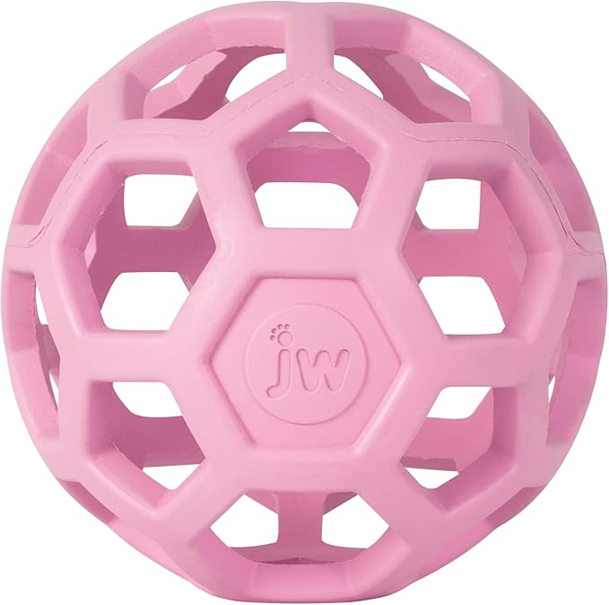 JW Pet HOL-ee Roller Dog Puzzle Ball, Medium 4.5in, Natural Rubber, Pink | Puzzle Ball Design Dog Toy for Interactive Play and Chasing Fun by JWPet