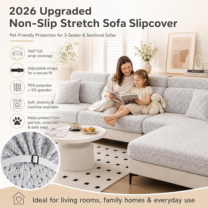 Stretch Sofa Slipcover, 2026 Upgraded Non Slip Couch Cover with Adjustable Straps, Pet Dog Cat Friendly Furniture Protector for 3 Seater, Washable for Living Room - Image 5