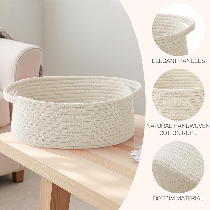 JMvicyroam Small Woven Basket, Empty Gift Basket, White/2 Pack | Small Gift Basket, Cotton Rope, 12 x 8 x 7 in, Handles, Includes Ribbon and Bag, Birthday Gift Basket - Image 3