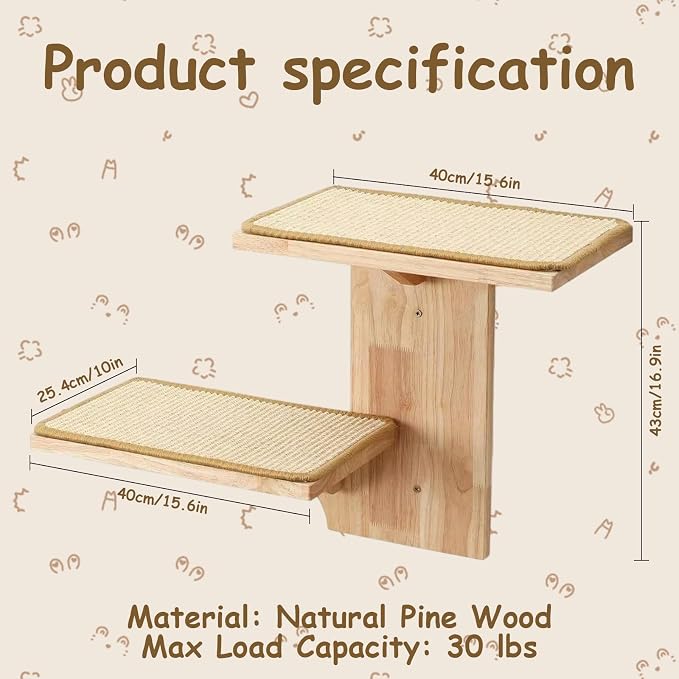 2-Tier Cat Wall Shelves, Wood Cat Wall Furniture with Sisal Mat | Sturdy and Stable Pine Wood Holds up to 30lbs | All Hardware for Easy Install | Ideal for Indoor Cats to Scratch, Play & Nap - Image 6