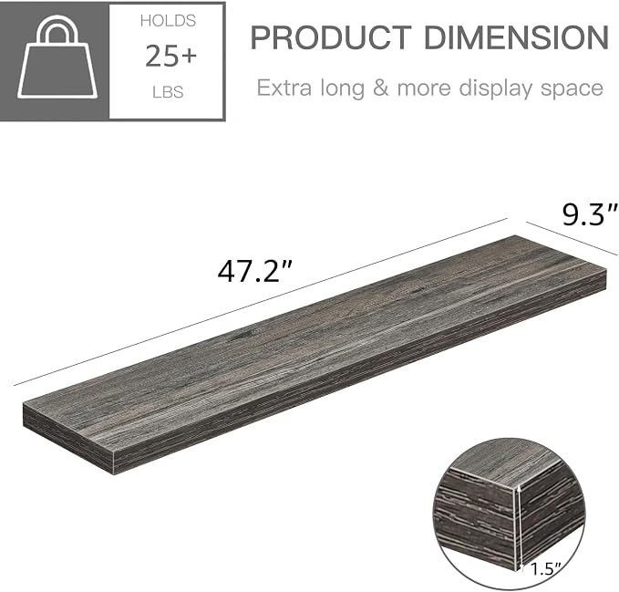 QEEIG Floating Shelves for Wall 47.2" Extra Long - Wall Mounted Shelf Bathroom Kitchen Living Room Bedroom Farmhouse Home Decor Display Bookshelf Large 47.2 x 9.3 inch Set of 2, Grey (008-120GY) - Image 3