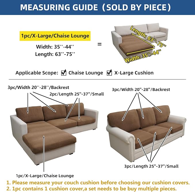 Eismodra Sectional Couch Covers Chaise Cushion Cover for Sofa L Shape Chaise Lounge Magic Stretch 3 Cushion Couch Slipcover for Dogs L Shaped Replacement Protector,Light Brown X-Large(Only 1 Piece) - Image 5
