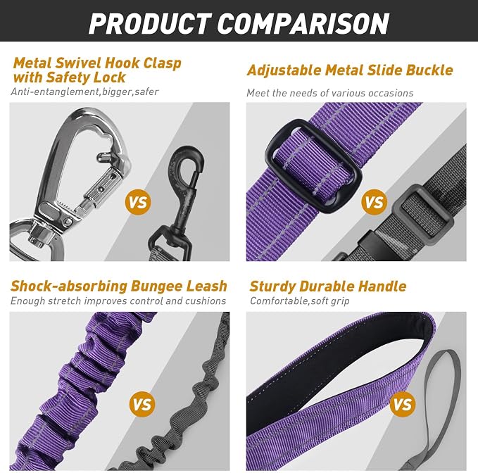 AUBELL Tactical Dog Leash Heavy Duty,4-6ft No Pull Bungee Leash,Purple | Reflective Dog Leash for Medium Large Dogs with Comfortable Padded Double Handle,Car Seat Belt,360 Degree Rotating Carabiner - Image 5