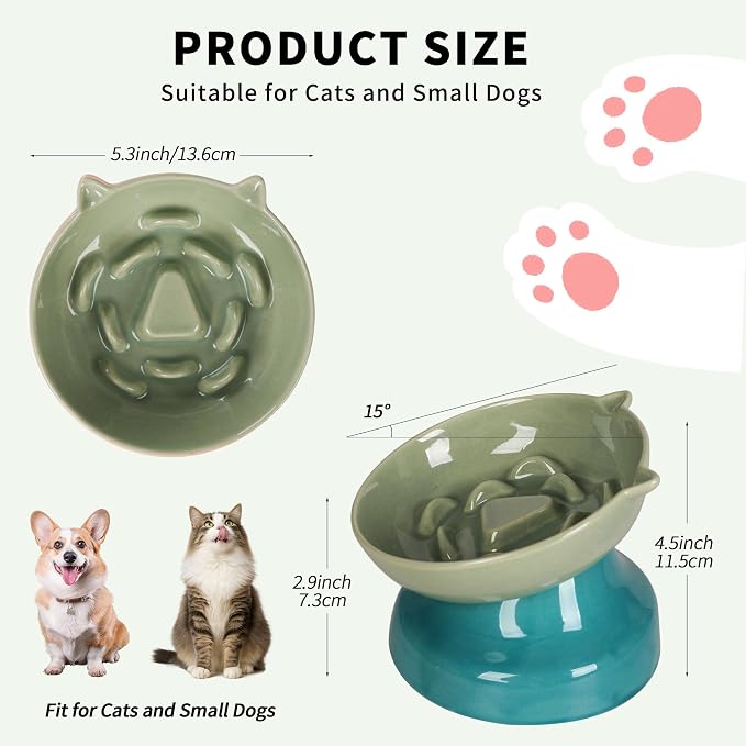 Ceramic Slow Feeder Cat Bowl, 15-Degree Tilted Non-Slip | Food-Grade Ceramic For Indoor Cats, 5.3 In Shallow Bowl, Whisker-Friendly, Dry And Wet Food, Dishwasher Safe - Image 2