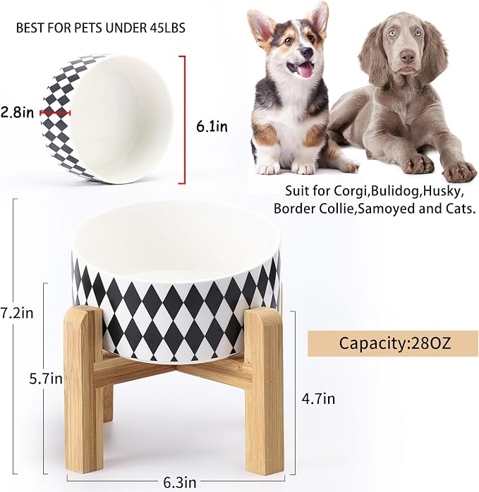 Petygooing Elevated/Raised 15°Slanted Ceramic Dog Bowl for Small and Medium Breeds, Tilted Anti Slip Pet Bowl,Food Water Dish with Stand for Cats and Dogs (28 OZ/3.6 Cups) Black Rhombus - Image 3