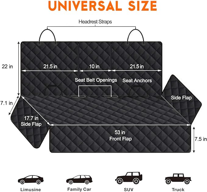 Yuntec Dog Car Seat Cover, Back Seat Cover for Dogs Pet Car Seat Protector | Waterproof Rear Seat Cover Durable Car Seat Cover, fits Middle Armrest for Most Cars SUVs Trucks (53” Width)- Black - Image 3